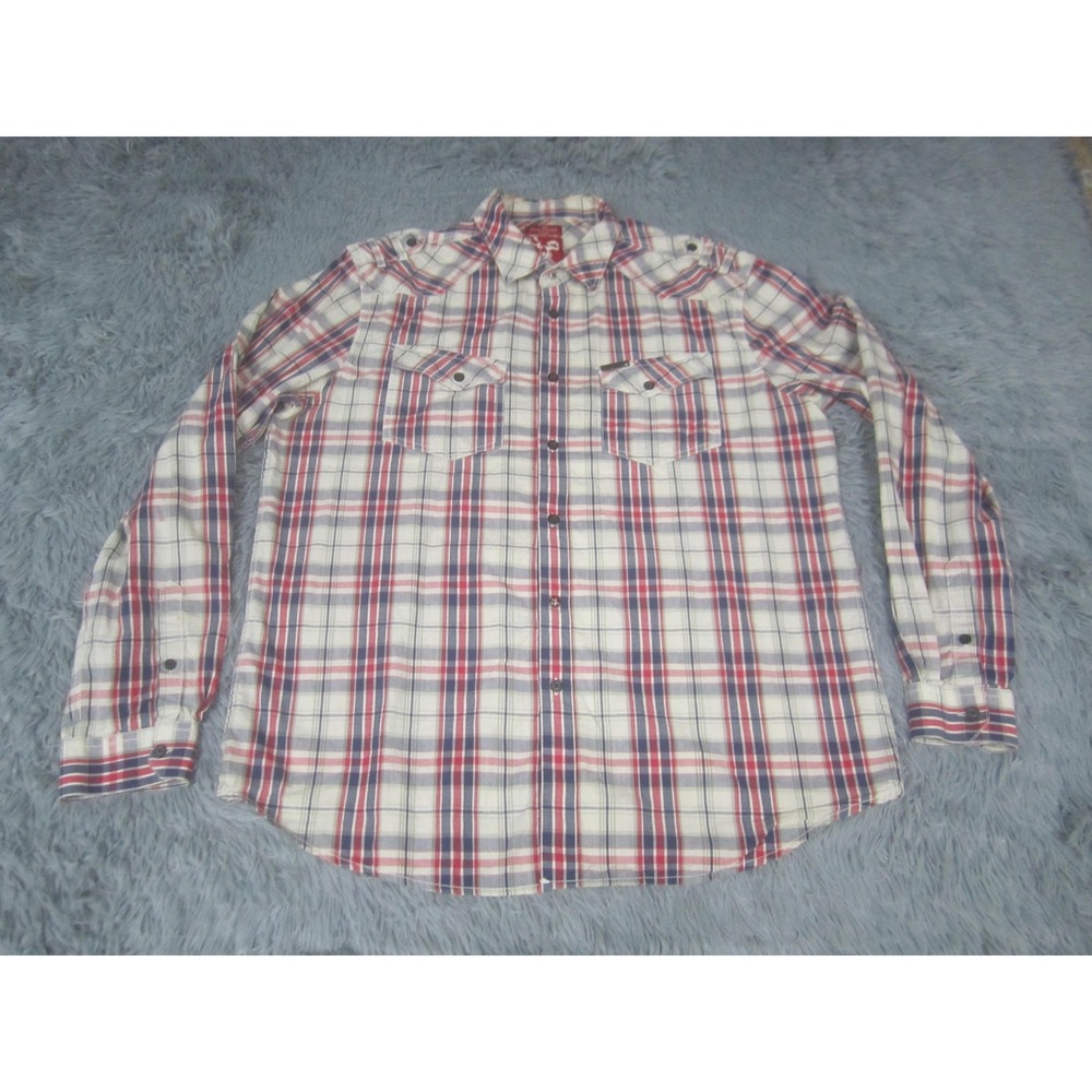 Marc Ecko Cut & Sew Shirt Mens XL Red Blue Plaid Long Sleeve Casual Button Front